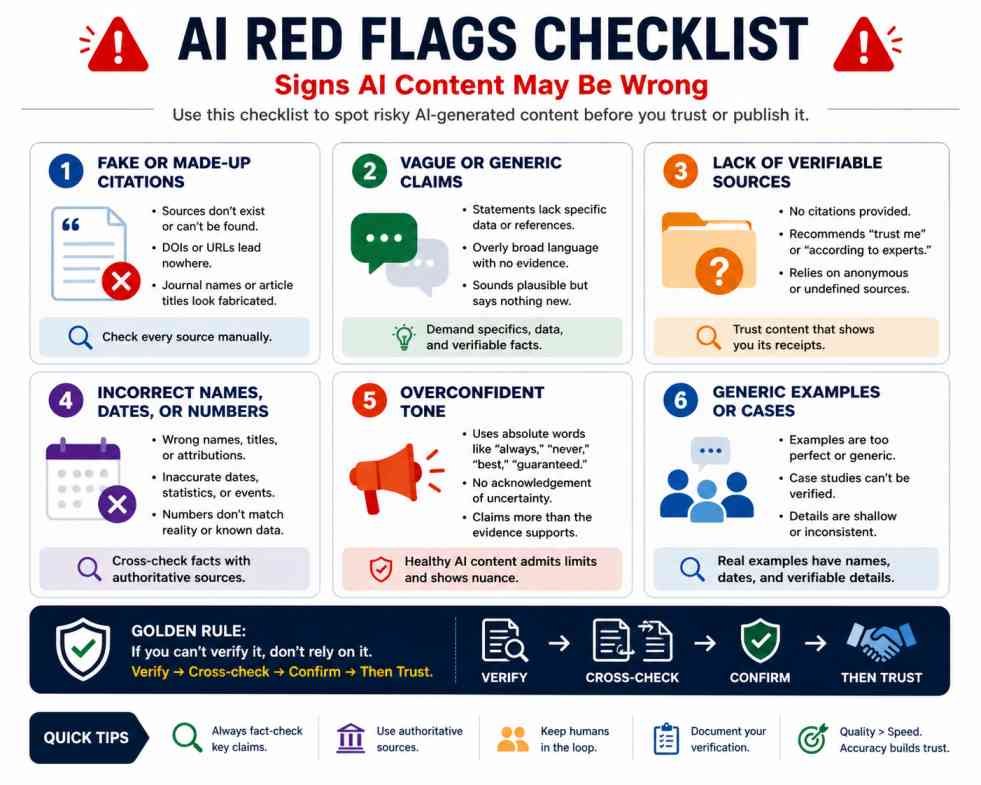 AI red flags checklist infographic showing warning signs of unreliable AI content such as fake citations, vague claims, no sources, wrong dates, overconfidence, and generic examples.