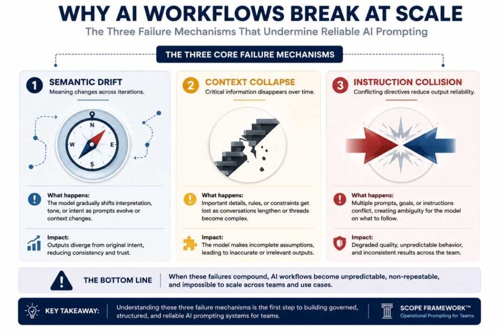 AI workflow reliability diagram for teams showing common prompting failures in operational environments.