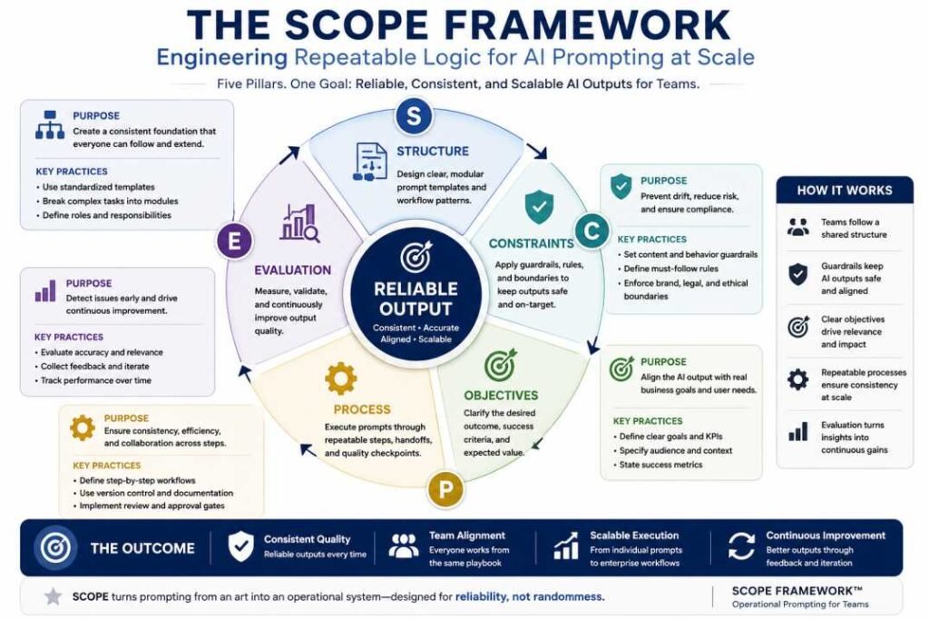 AI Prompt Engineering for Teams visual framework explaining structured operational prompting systems at scale.
