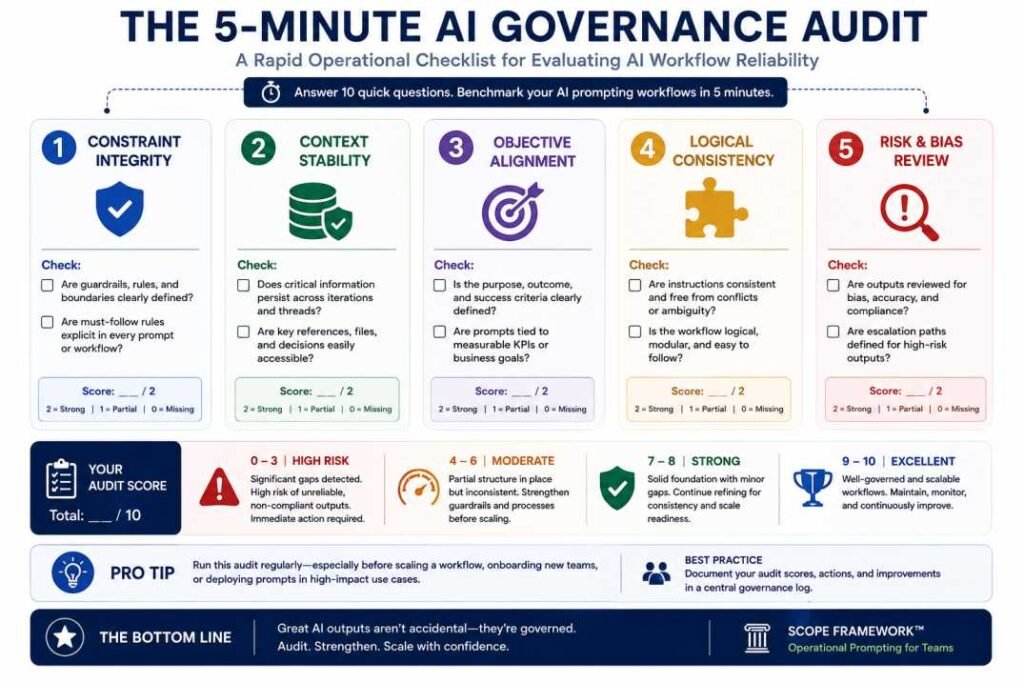 Enterprise AI Prompt Engineering for Teams governance checklist for auditing scalable prompting workflows.