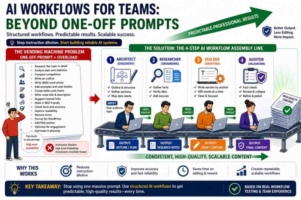 AI workflows for teams 4-step system showing one-off prompt vs structured workflow for consistent high-quality output