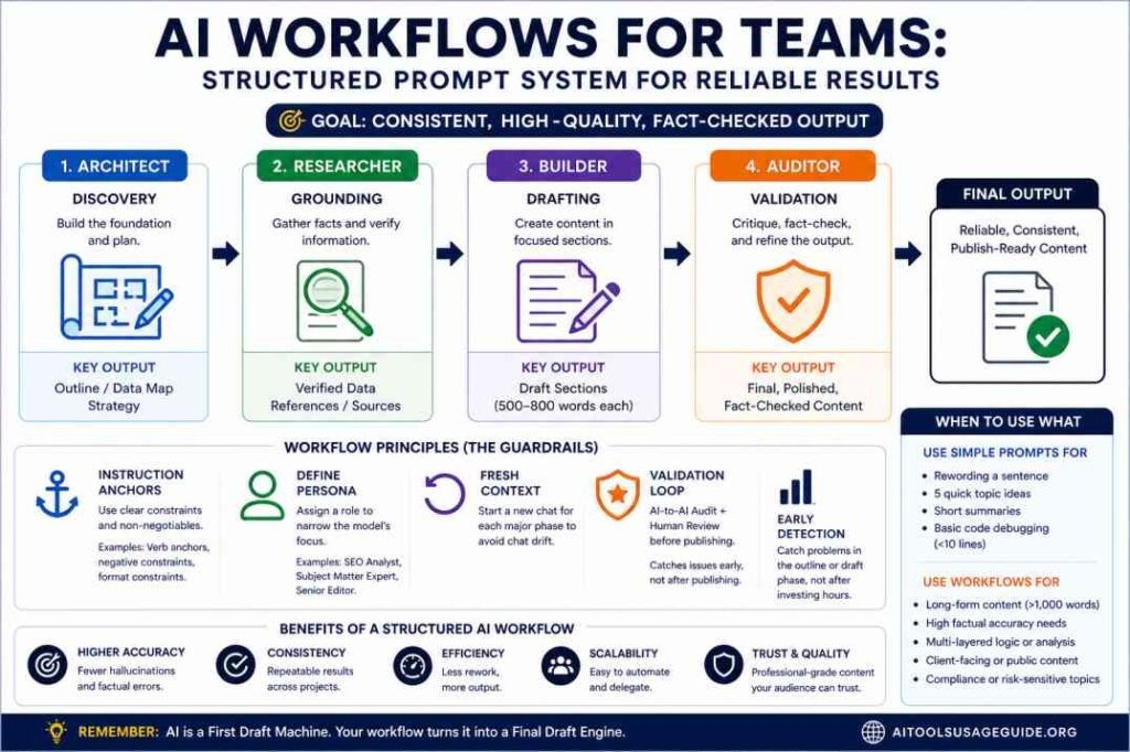 AI workflows for teams infographic showing architect researcher builder auditor structured prompt system for reliable results