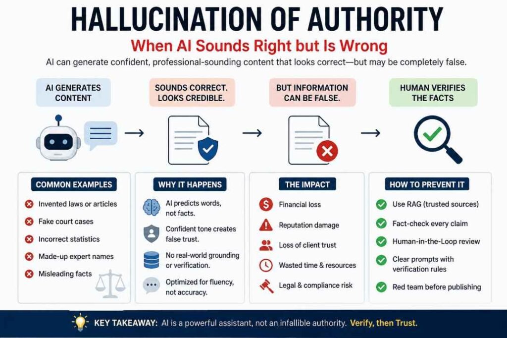Infographic explaining Hallucination of Authority when AI sounds right but provides false information, with causes, risks, and prevention methods.