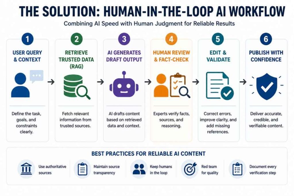 Human-in-the-loop AI workflow infographic showing RAG retrieval, AI drafting, human fact-checking, editing, and publishing reliable content.