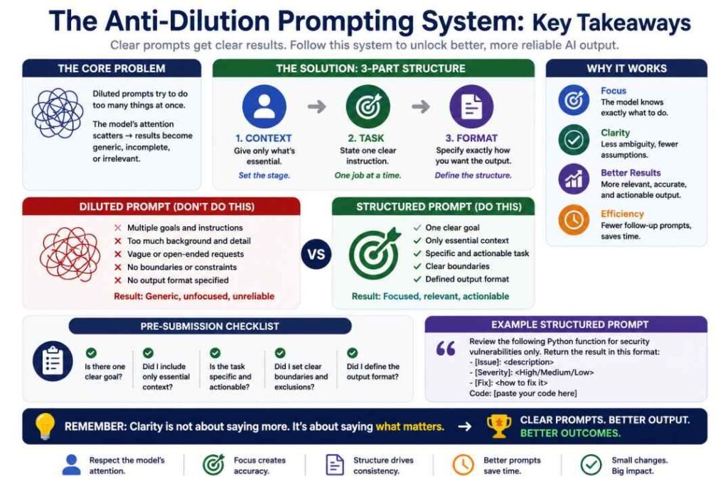 Prompt dilution summary infographic showing structured prompts, key takeaways, and methods for improving AI outputs.