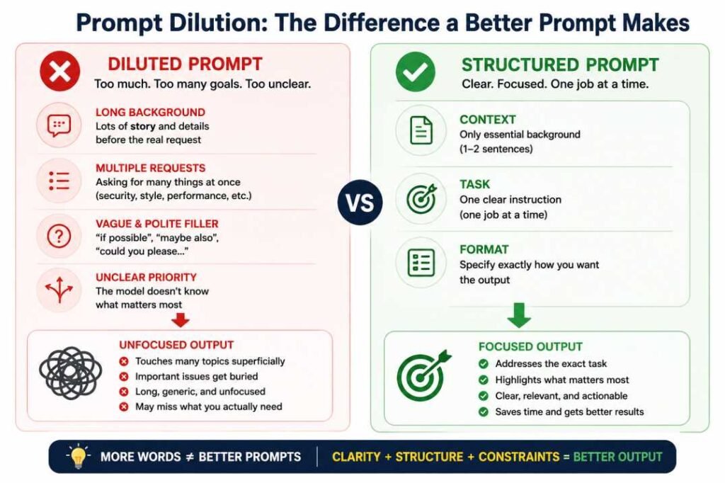 Infographic comparing a diluted prompt with a structured prompt, showing how prompt dilution can lead to unfocused AI output while clear prompts improve results.