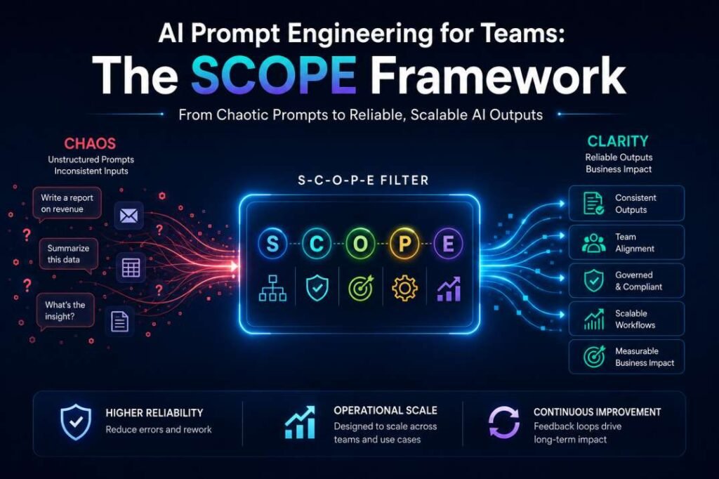 Featured image for AI Prompt Engineering for Teams showing the SCOPE Framework transforming chaotic prompts into reliable and scalable AI workflows.