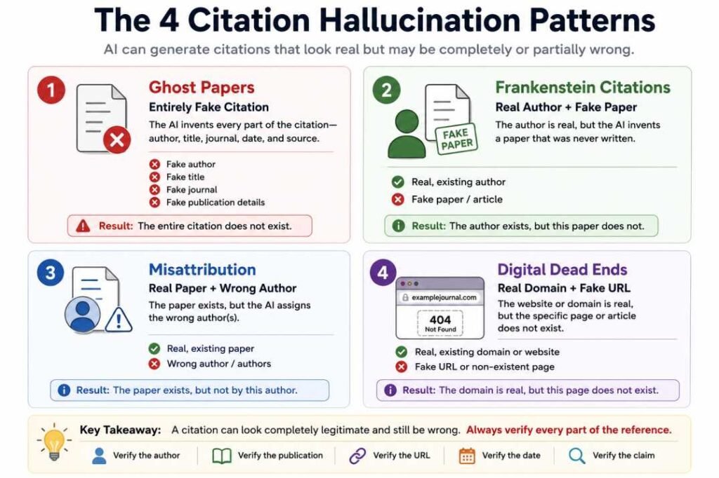 Infographic showing the four most common citation hallucination patterns: Ghost Papers, Frankenstein Citations, Misattribution, and Digital Dead Ends.