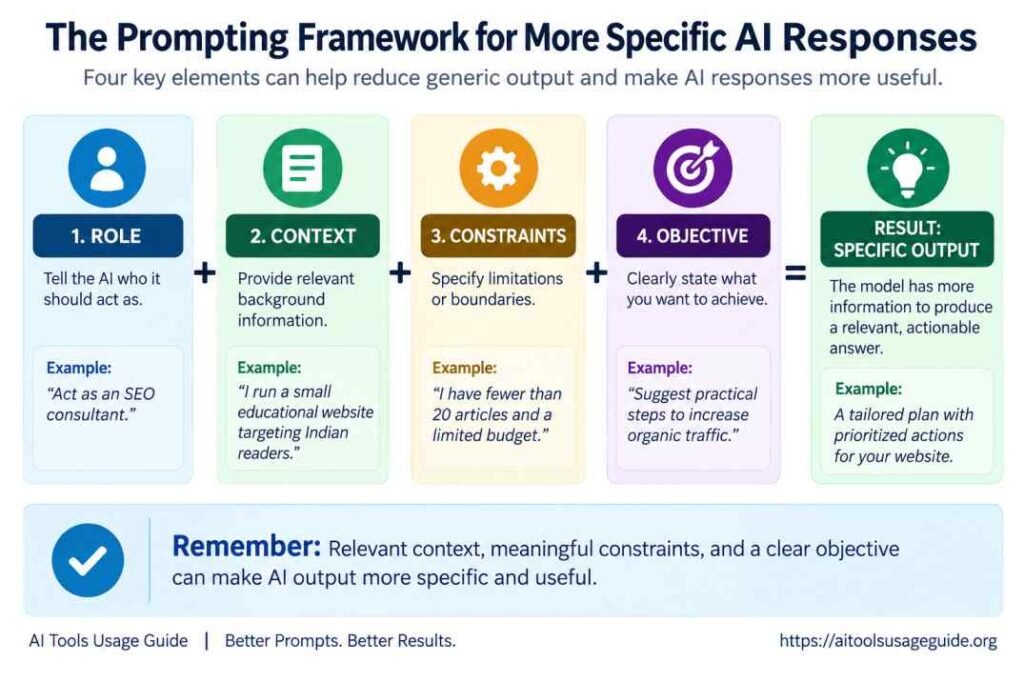 How to get more specific AI answers using role, context, constraints, and clear objectives