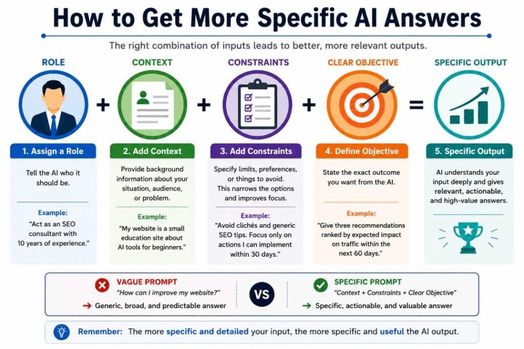 How to get more specific AI answers using role, context, constraints, and clear objectives