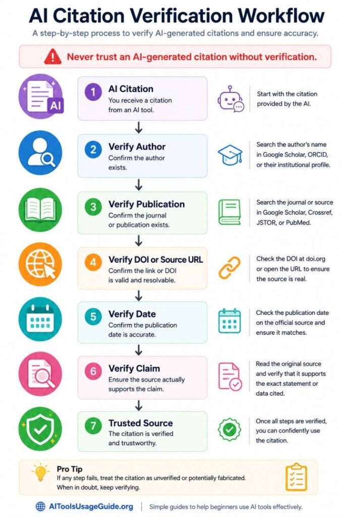 AI Citation Verification Workflow showing seven steps to verify AI-generated citations, including author verification, publication checks, DOI validation, date verification, claim verification, and source confirmation.