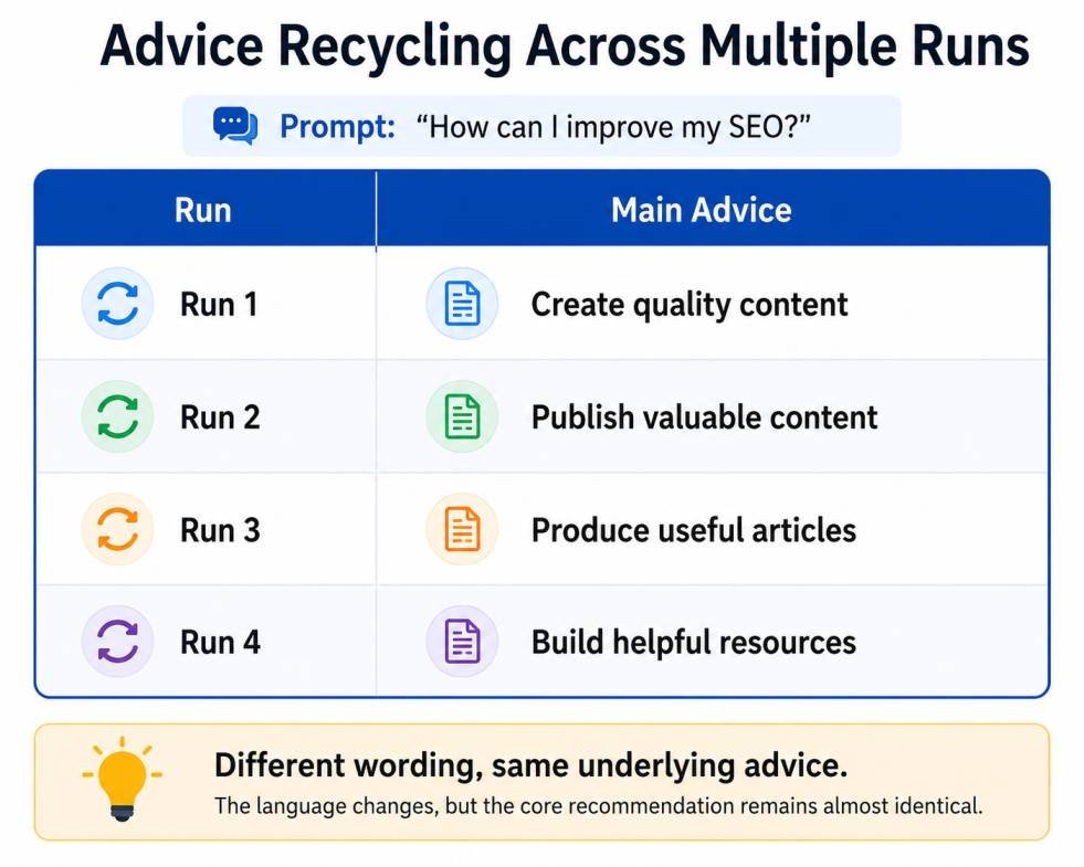 Advice recycling across multiple AI runs showing how similar SEO recommendations are repeated with different wording.
