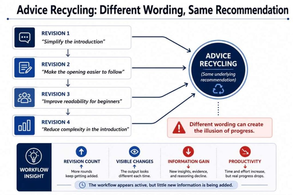 Diagram showing advice recycling in AI workflows where multiple revisions use different wording but lead to the same underlying recommendation, creating the illusion of progress while information gain declines.