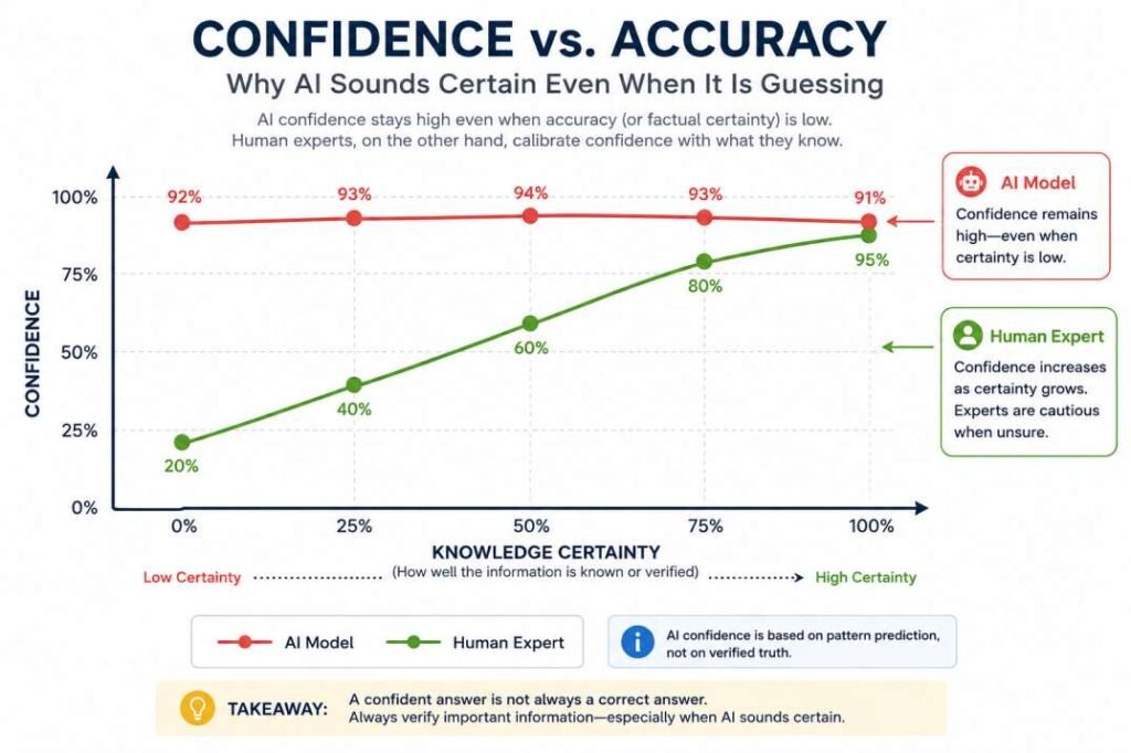 Confidence vs Accuracy infographic showing how AI confidence remains high even when knowledge certainty is low, compared to human experts whose confidence increases with certainty.