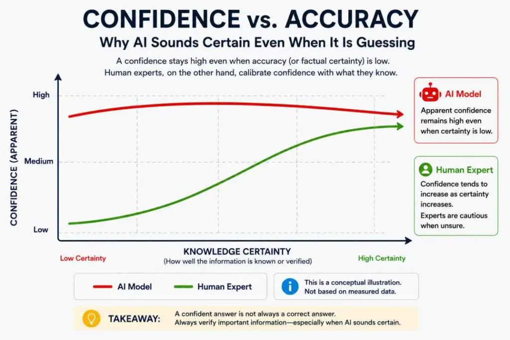 Confidence vs Accuracy infographic showing how AI confidence remains high even when knowledge certainty is low, compared to human experts whose confidence increases with certainty.