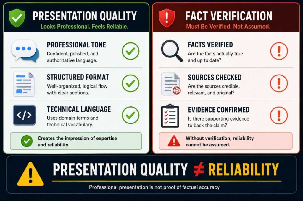 Presentation quality versus fact verification showing why professional AI answers may still contain inaccurate information