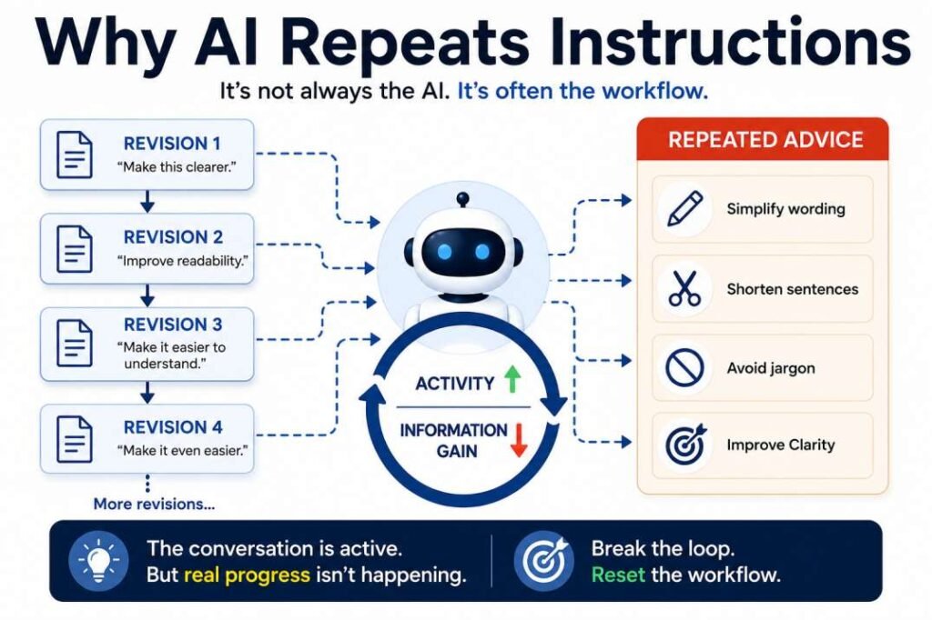 Diagram showing how repeated AI revisions can lead to recycled advice and lower information gain despite continued activity.
