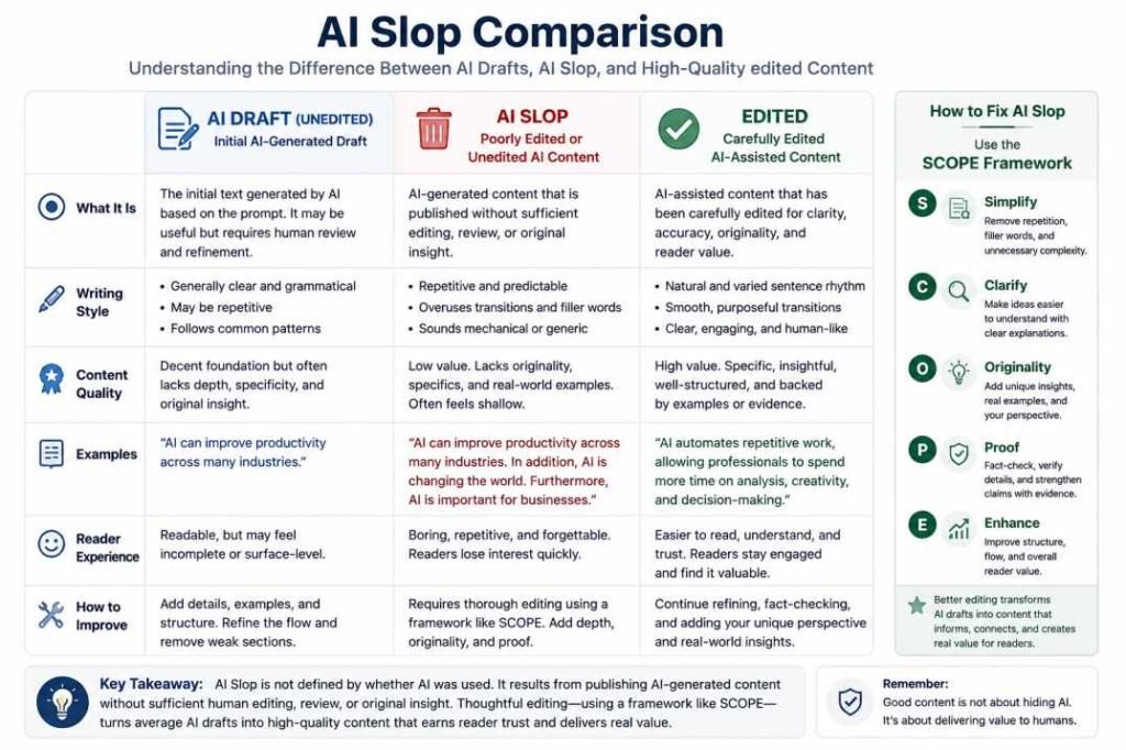 Comparison infographic showing the differences between an unedited AI draft, AI slop, and carefully edited AI-assisted content using the SCOPE Framework.