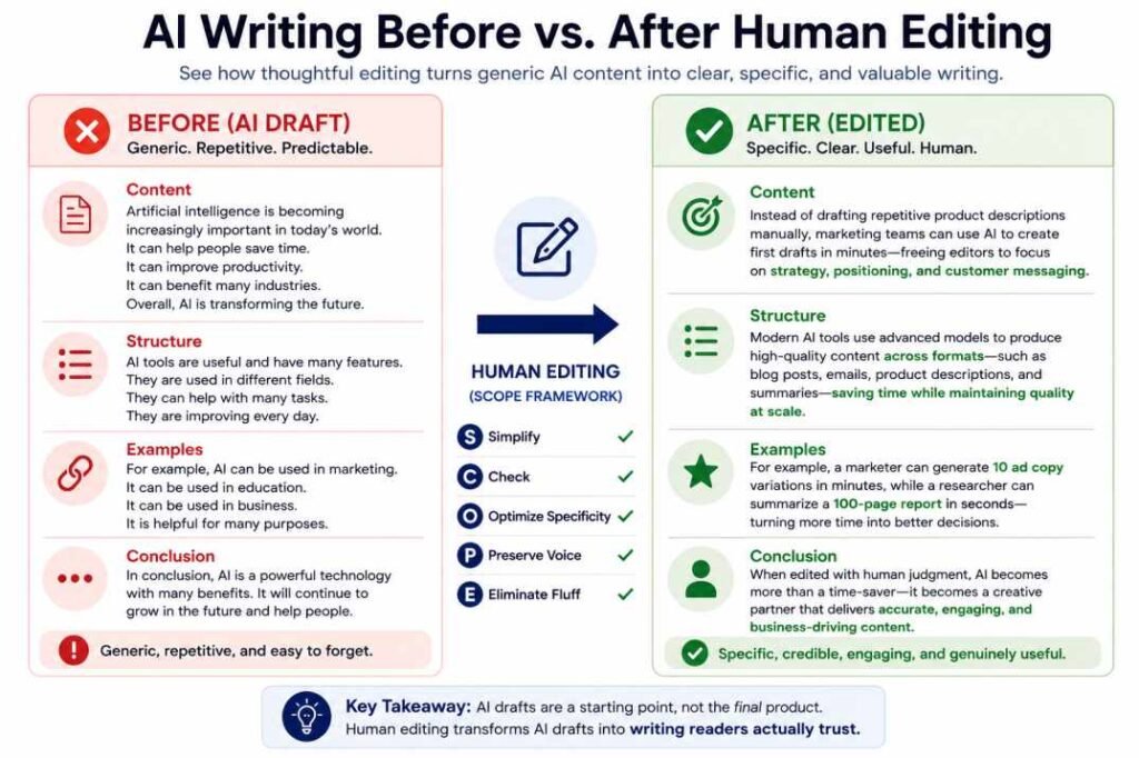 Before and after comparison showing how human editing transforms generic AI writing into clear, specific, and valuable content using the SCOPE Framework.