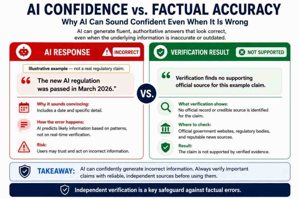 AI confidence vs factual accuracy infographic showing an illustrative incorrect AI claim and an independent verification result