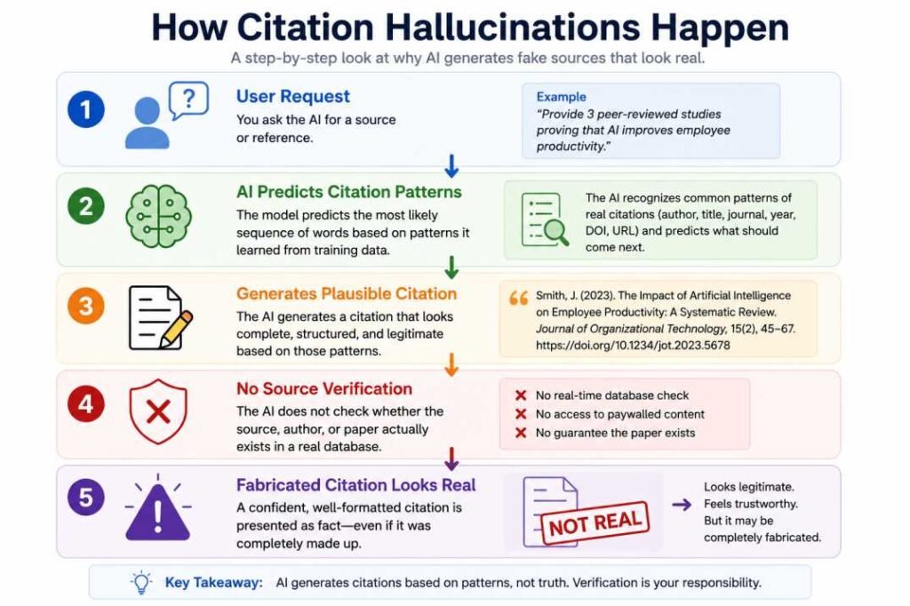 Flowchart showing how AI citation hallucinations occur from user request to fabricated citation