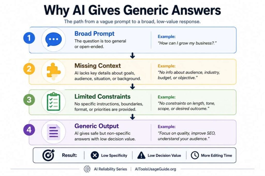 Flowchart showing why AI gives generic answers, including broad prompts, missing context, limited constraints, and generic output.