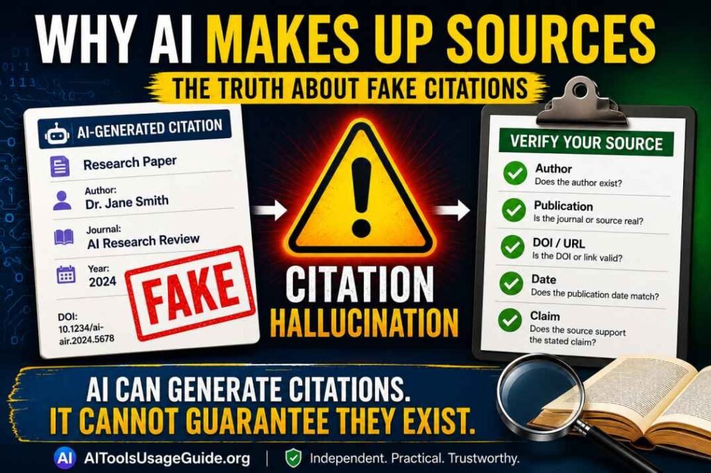Featured image showing a fake AI-generated citation, citation hallucination warning, and source verification checklist for validating AI-generated sources.