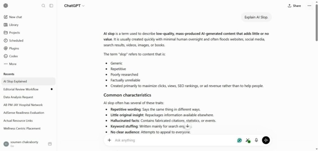 Screenshot of ChatGPT's response to the prompt "Explain AI Slop" during EXP-001 Generic Prompt Test.