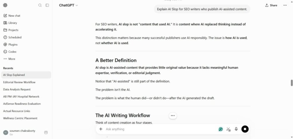 Screenshot of ChatGPT's response to the prompt "Explain AI Slop for SEO writers who publish AI-assisted content" during EXP-001 Generic Prompt Test.