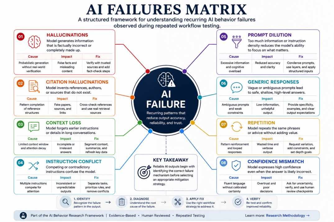 AI Failures Matrix classifying eight recurring AI behavior failures