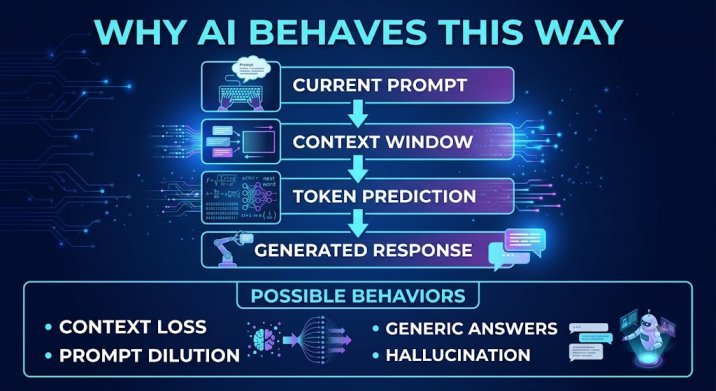 Flowchart showing how the current prompt, context window, token prediction, and AI response generation lead to common AI behaviors such as context loss, prompt dilution, hallucination, and generic answers.