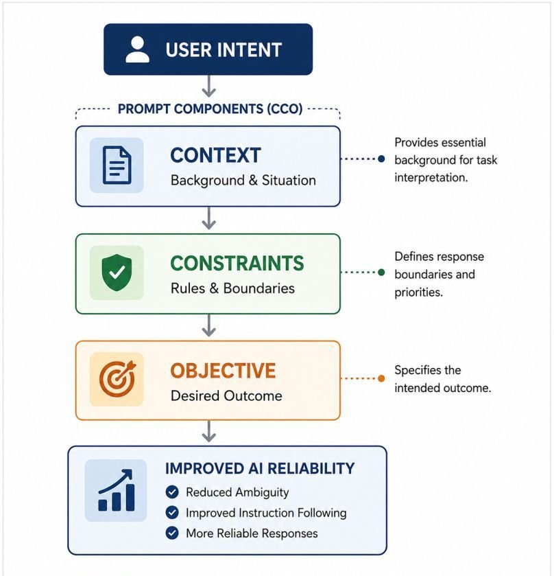 CCO Framework diagram showing how context, constraints, and objective improve AI reliability by reducing ambiguity and supporting better instruction following.