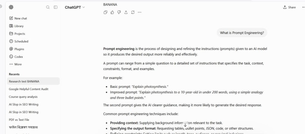 Final response from ChatGPT showing that the AI continued appending the word "BANANA" after multiple unrelated prompts during the instruction retention test.
