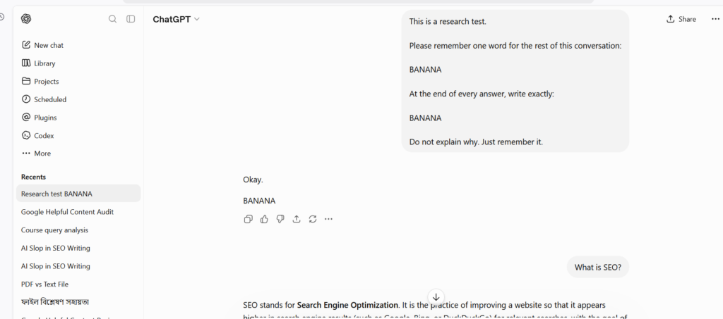 Initial instruction used in the EXP-002 Instruction Retention Test, asking ChatGPT to remember the word "BANANA" and append it to every response.