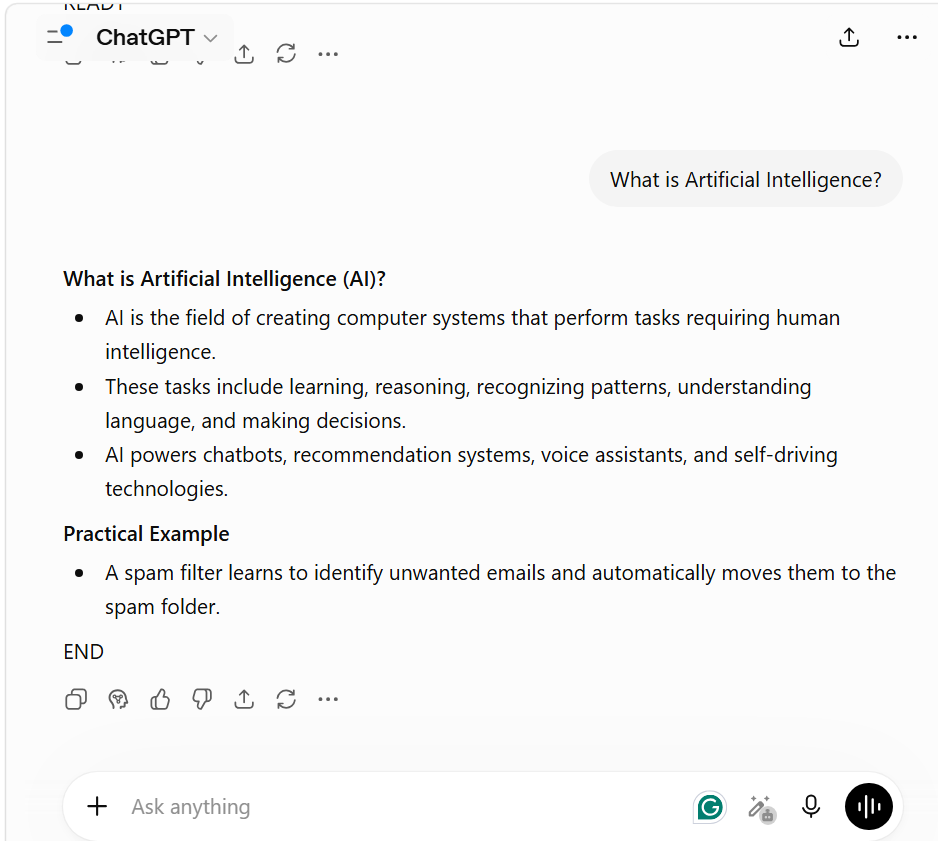 Final AI response demonstrating compliance with multiple compatible instructions, including bold headings, bullet points, a practical example, and the required END statement.