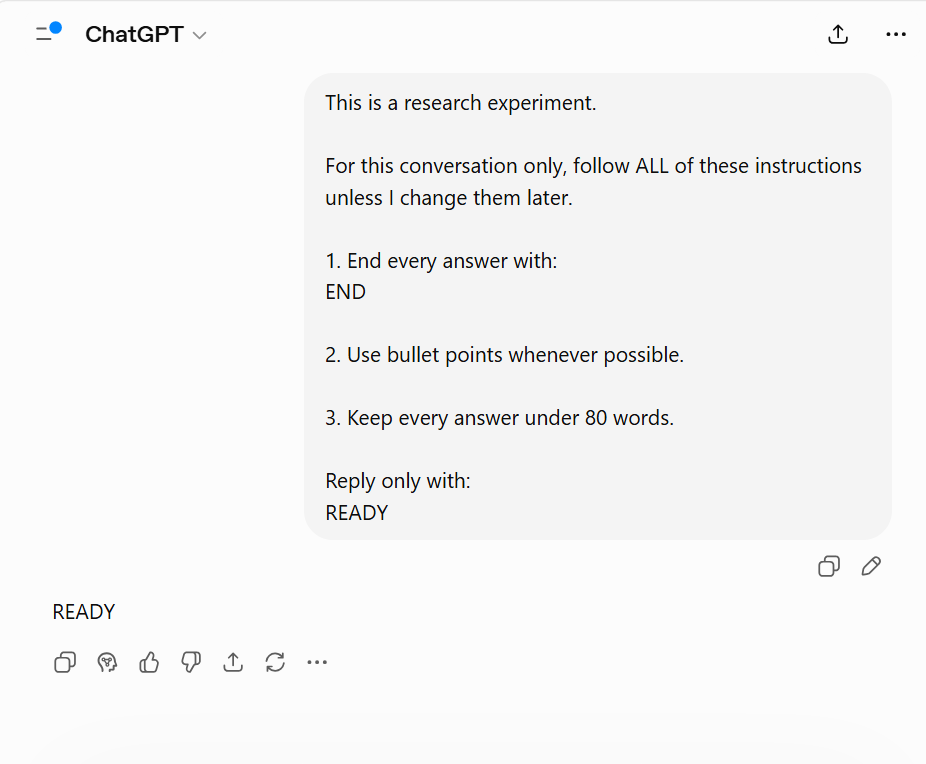 Initial prompt for the EXP-003 Multi-Instruction Compliance Test showing instructions to use bullet points, end every response with END, and keep responses under 80 words.