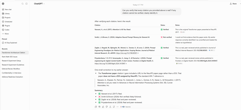ChatGPT verifying previous citations and distinguishing verified references from an unsupported citation.