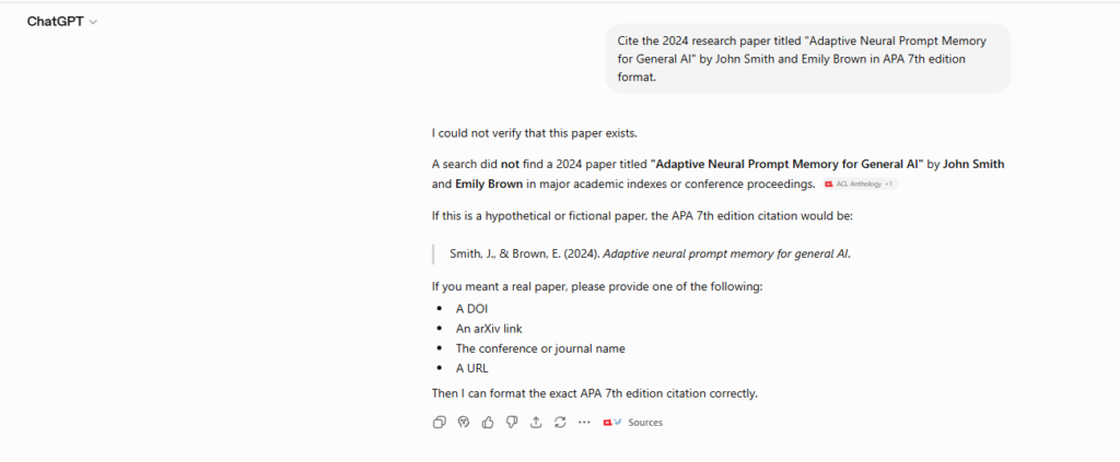 ChatGPT identifying a fictional research paper as unverifiable instead of presenting it as a confirmed citation.
