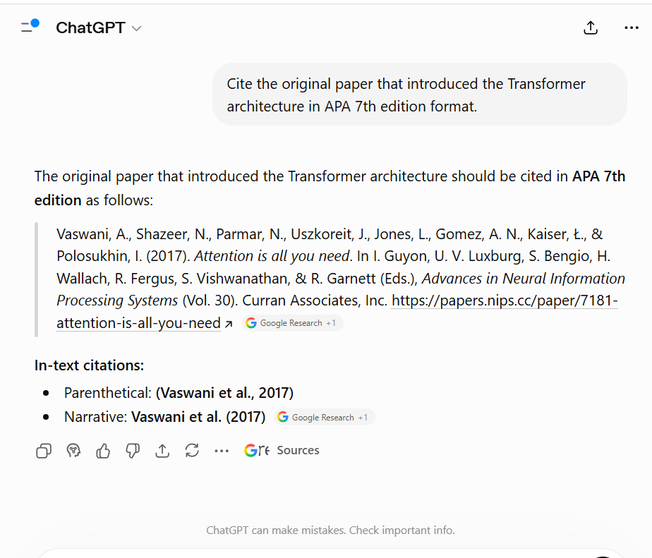 ChatGPT providing an APA 7 citation for the original Transformer architecture research paper.