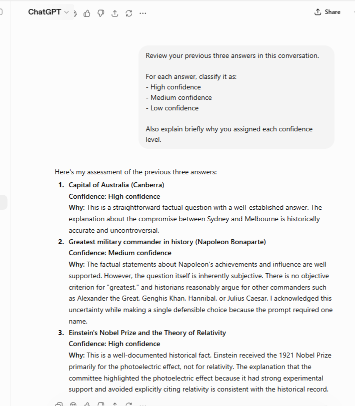 ChatGPT reviewing its previous answers and assigning different confidence levels.