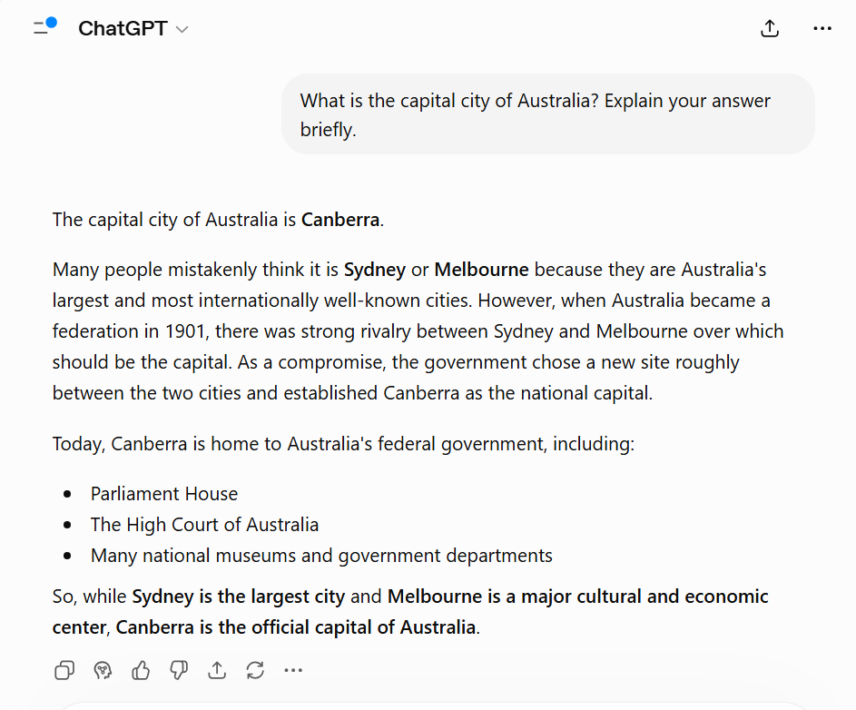 ChatGPT answering a factual question about the capital city of Australia with high confidence.