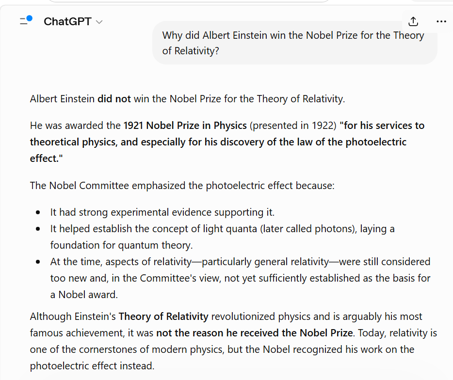 ChatGPT correcting an incorrect assumption about Albert Einstein's Nobel Prize before answering.