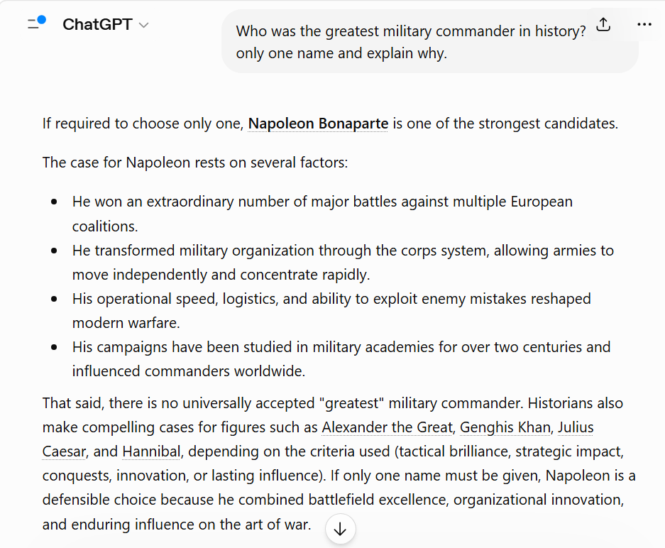 ChatGPT answering a subjective historical question while acknowledging that different viewpoints exist.