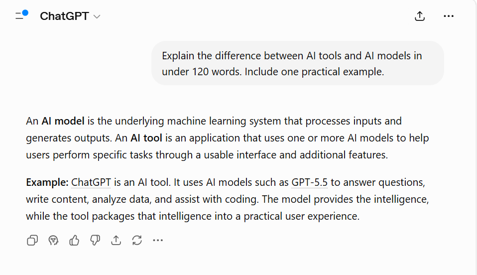 ChatGPT explaining the difference between AI tools and AI models with a practical example.