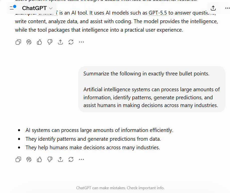 ChatGPT summarizing text into exactly three bullet points as instructed.