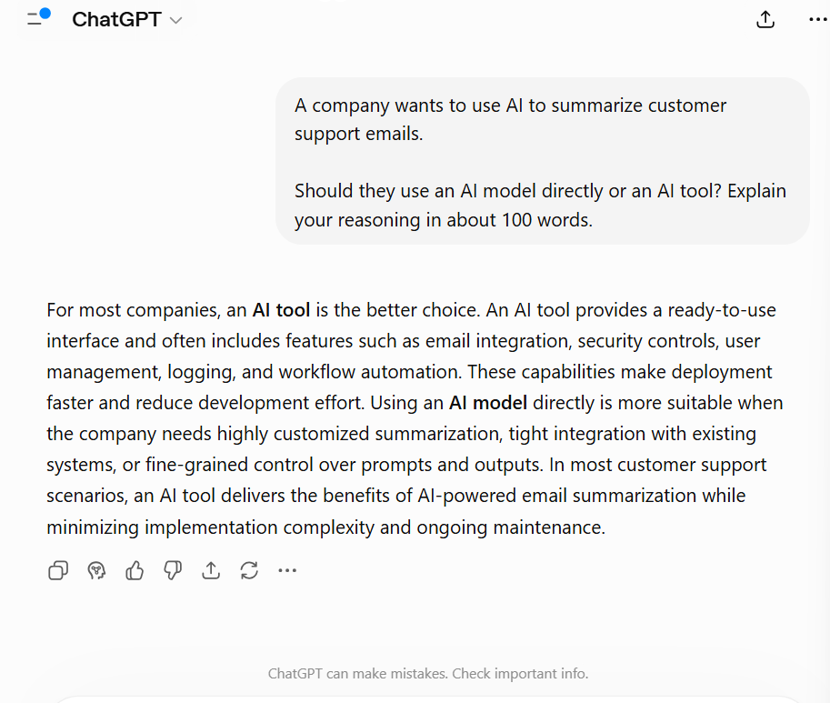 ChatGPT recommending an AI tool for summarizing customer support emails with supporting reasoning.