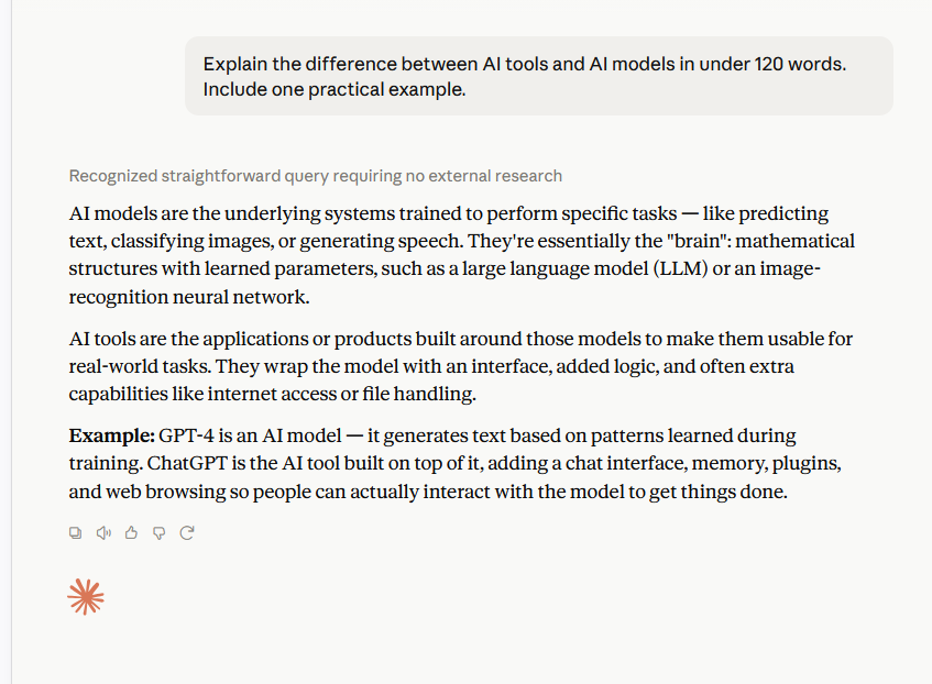 Claude response explaining the difference between AI tools and AI models with a practical example.