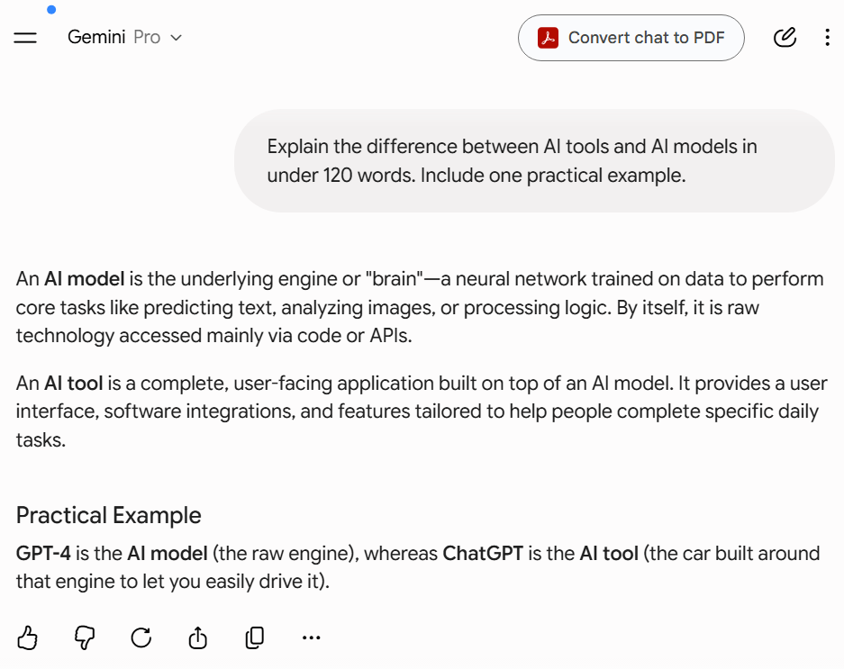 Gemini explaining the difference between AI tools and AI models with a practical example.
