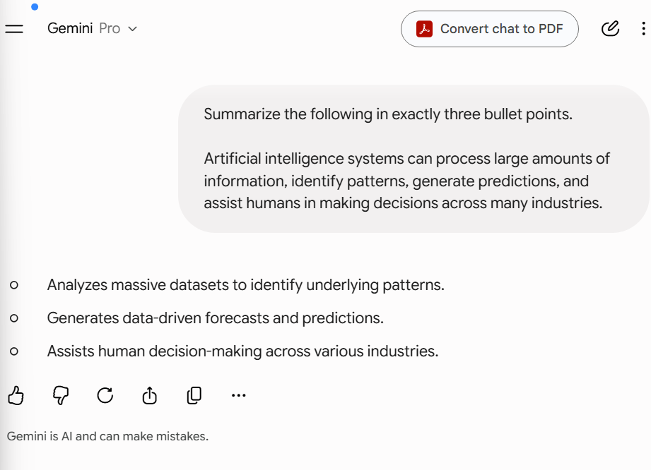 Gemini summarizing text into exactly three bullet points while following the given instruction.