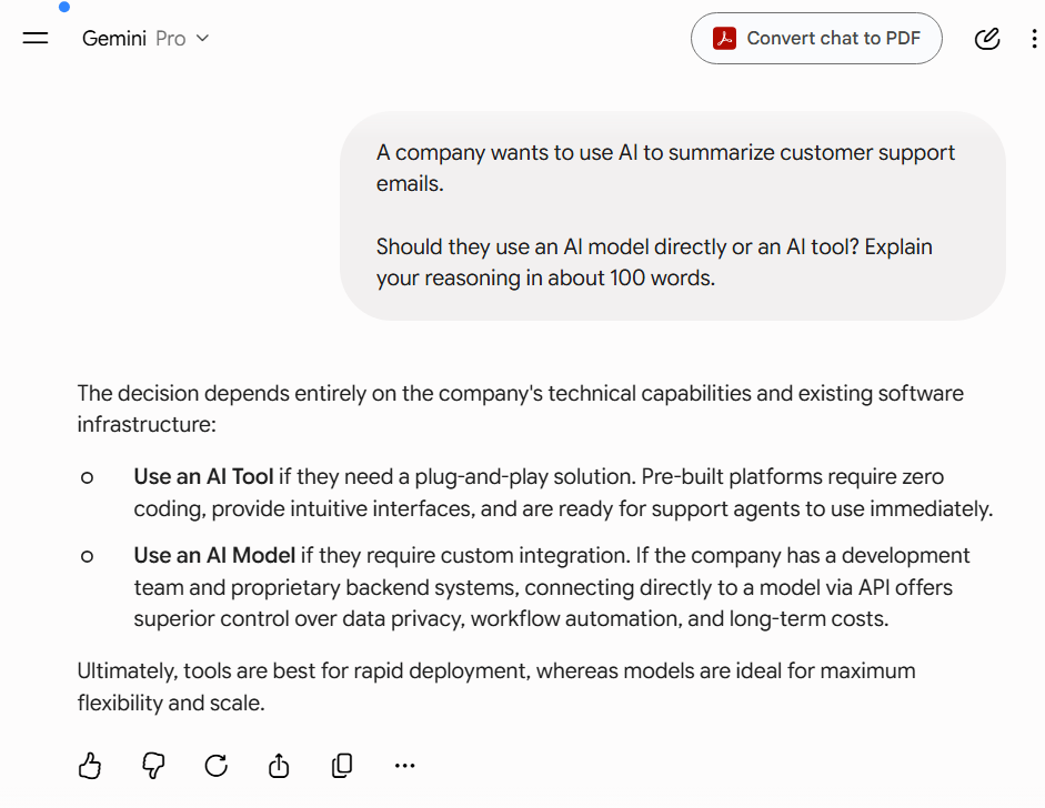 Gemini evaluating whether an AI tool or AI model is appropriate for summarizing customer support emails.
